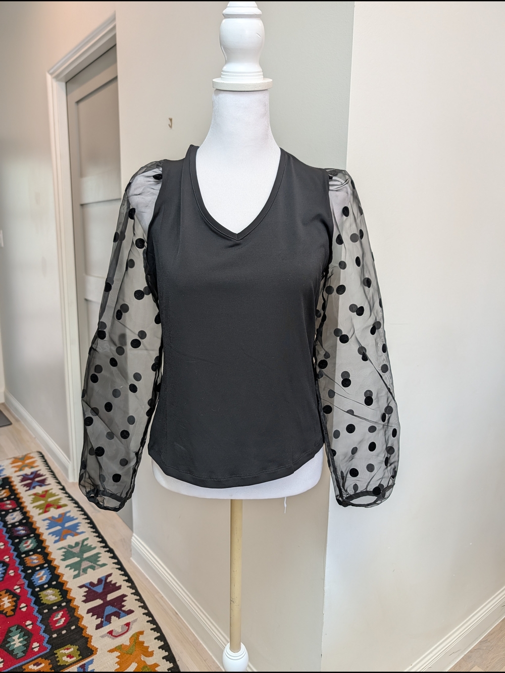 Design History Black Polka Dot Mesh Sleeve V-Neck Top